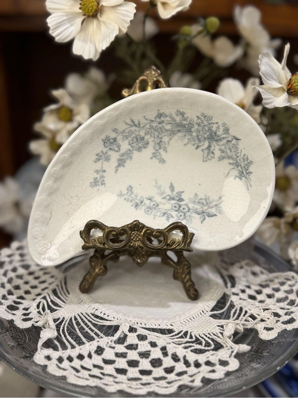 Antique Johnson Bros Gray-Blue Floral Transferware Bone Dish